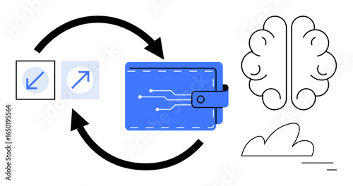 Wallet with circuit pattern, brain outline, bidirectional arrows, and cloud icon suggest innovation, digital economy, AI, data sharing, technology, fintech simple landing page