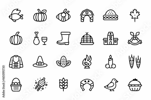 Thanksgiving and Autumn Harvest Icons Set in Line Art Style