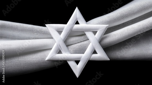 A white Star of David on flowing white fabric against a black background.