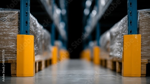 Rows of shrink wrapped palletized goods on industrial warehouse racking with yellow column protectors