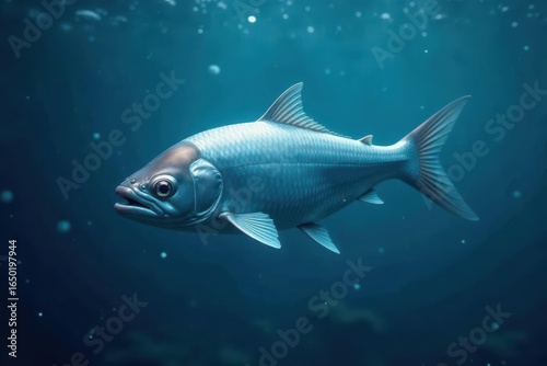 Silvery fish swirling in a deep blue, side angle shot, shoal, underwater, swirl