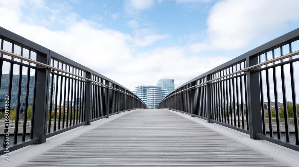 Fototapeta premium Modern pedestrian bridge with a view of urban skyscrapers on a cloudy day.