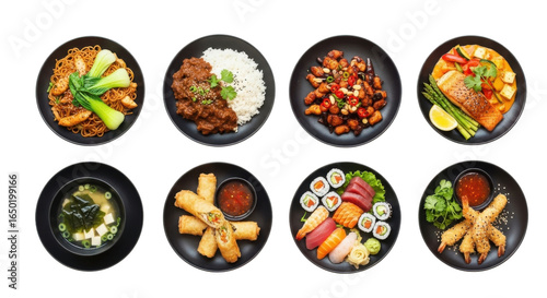 Asian cuisine noodle rice stir fry salmon soup spring roll sushi tempura black plate colorful delicious gourmet fresh vegetable seafood meat appetizer main course traditional healthy assorted