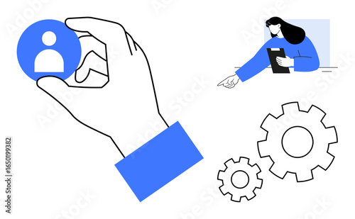 Hand holding user icon, businesswoman with clipboard directing attention, and gears symbolizing operations. Ideal for teamwork, HR, recruitment, workflow, process management, optimization simple