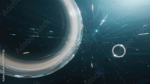 Abstract Cosmic Scene with Rings and Light Trails