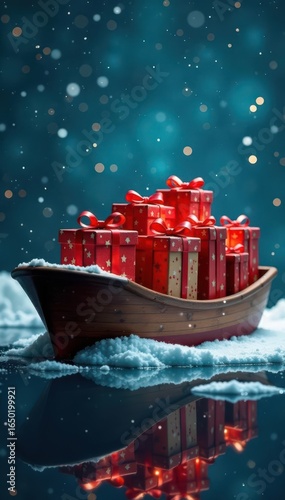 Cargo ship filled with gift boxes, Christmas delivery , container, green