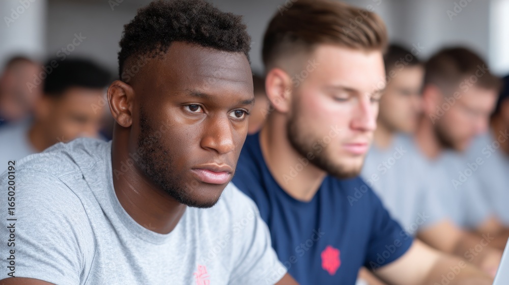 Fototapeta premium Two young men one Black and one Caucasian focused in a class or meeting setting