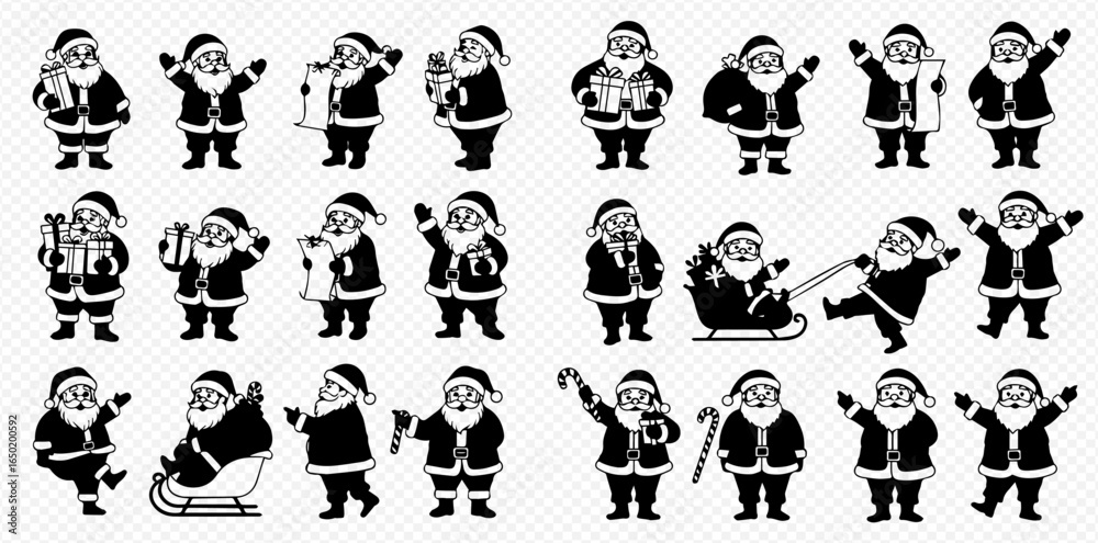 Naklejka premium A set of black and white Santa Claus character icons in various poses, such as holding gifts, waving, reading a list, and sitting in a sleigh.