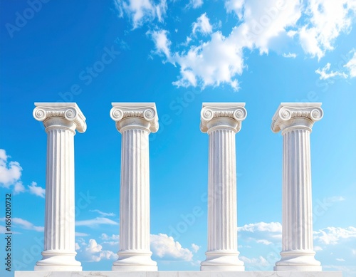 Four classic white Ionic columns standing in a row against a vibrant blue sky with clouds, a concept of foundation, stability, and structure.