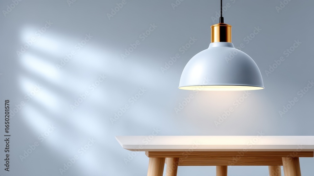 Obraz premium Modern pendant lamp illuminating a wooden table in a minimalist setting.