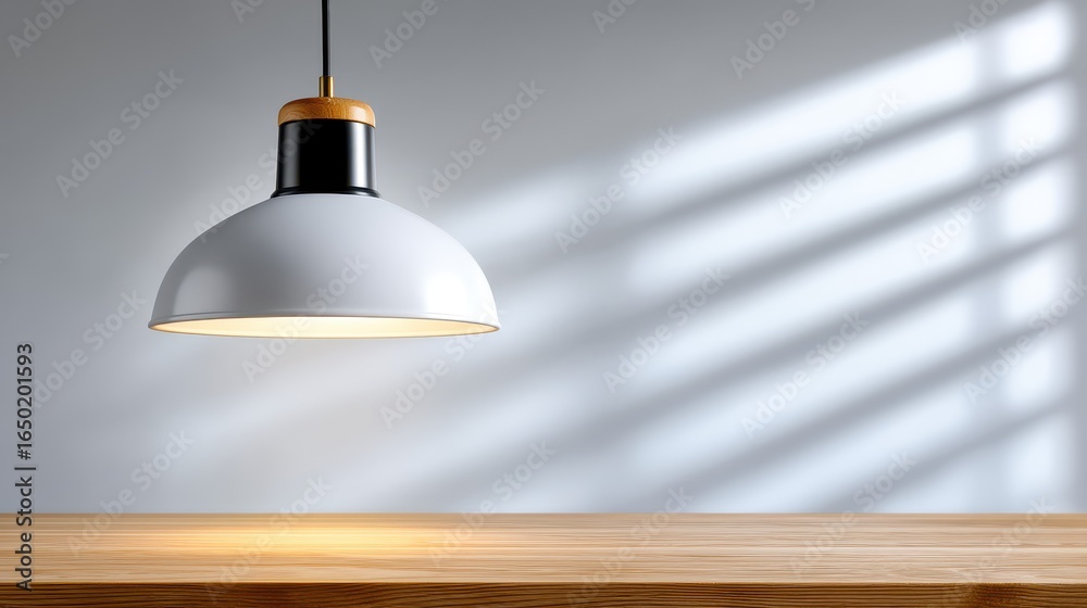 Obraz premium Minimalist interior featuring a stylish pendant light over a wooden table.