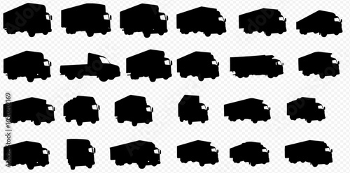 A diverse collection of black truck and van silhouettes arranged in a grid pattern on a transparent background.