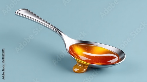 Close-up of a silver spoon filled with golden honey on a blue background.
