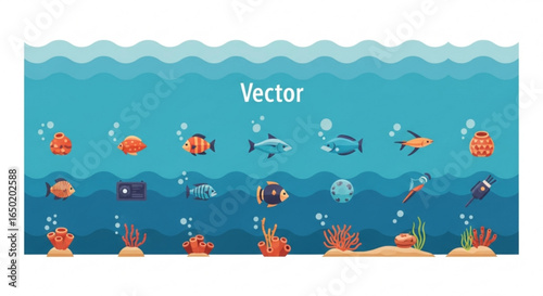 Underwater ocean life with fish coral reef and sea plants vector illustration for marine themed designs