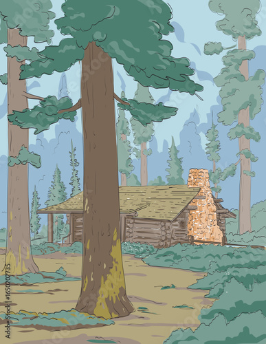 WPA style ukiyo-e or ukiyo illustration of an American log cabin, homestead or cottage in the redwood forest done in retro works progress administration style.
