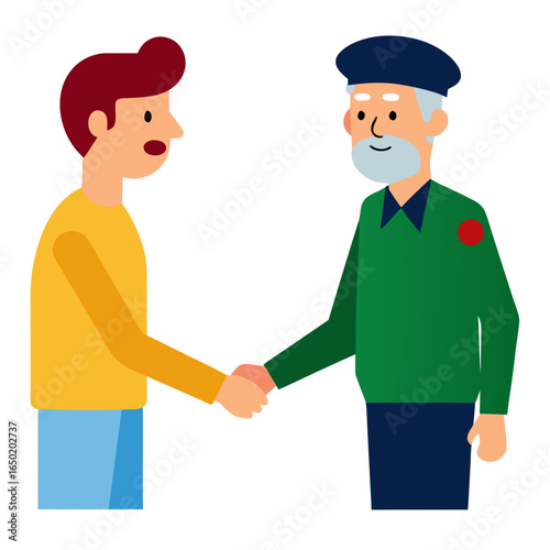 Two men shaking hands one younger one older with a cap