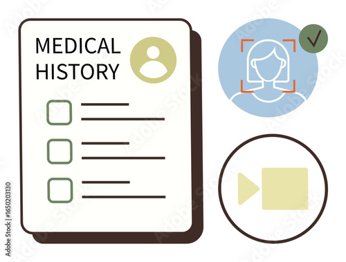 Document with medical history checklist, facial recognition confirmation, and video call icon. Ideal for telemedicine, healthcare, patient records, AI, digital identity, verification virtual
