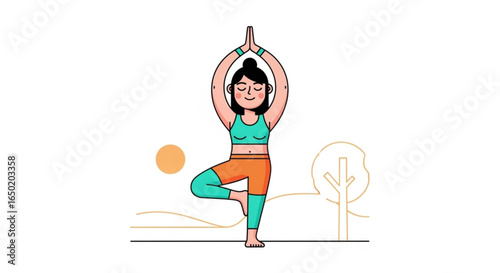 Yoga tree pose illustration for wellness fitness and meditation exercise in nature background vector art
