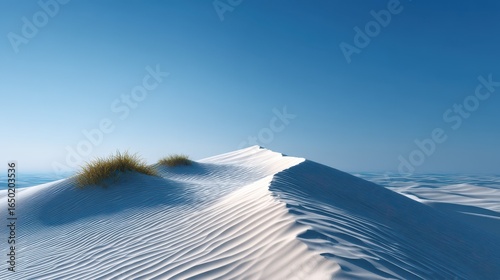 Serene sand dunes under a clear blue sky, creating a tranquil desert landscape.