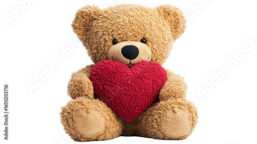 Plush teddy bear holding a red heart, symbol of love and affection on transparent background