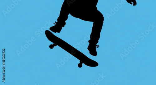 Skateboarder silhouette performing trick in the air extreme sport skateboarding action blue background street style