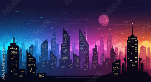 Cyberpunk city skyline illustration with futuristic buildings and neon lights digital art wallpaper design
