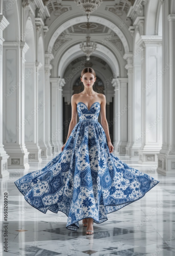 Fototapeta premium A graceful model in a stunning blue and white dress poses elegantly in a grand, ornate hall with marble floors and intricate architecture.