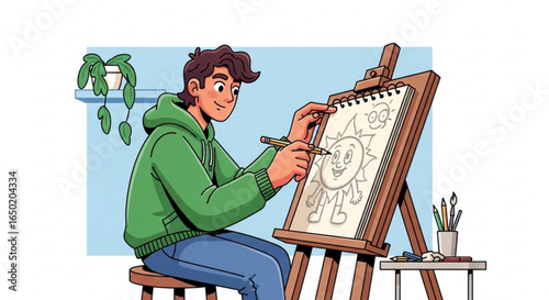 Illustration of young artist drawing sun character on easel creative hobby art skill development learning art