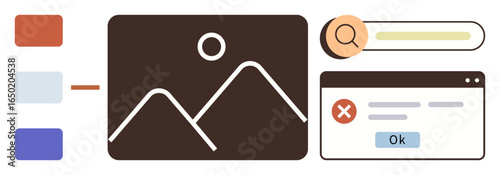 Landscape photo thumbnail, search bar, and error popup on browser window. Ideal for web design, troubleshooting, creative process, online platform issue, user experience, digital interface simple