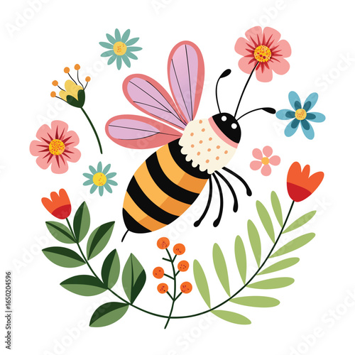 bee with flowers and leaves vector illustration.