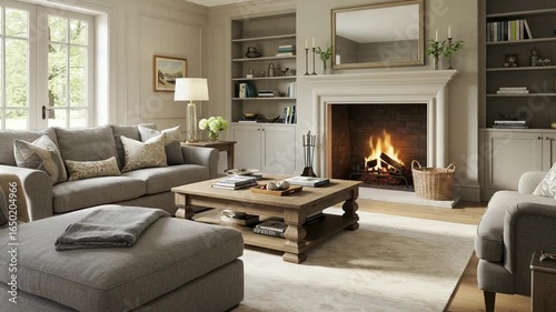 Cozy living room with fireplace and natural light