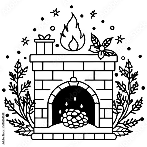 Festive Fireplace Illustration Vintage Holiday Hearth Art