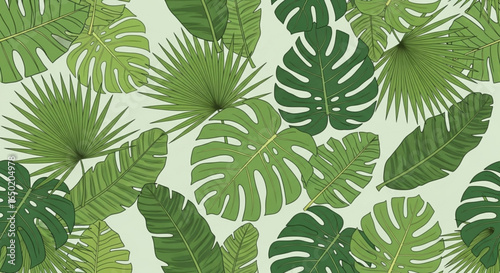Tropical leaves pattern design monstera palm leaf green foliage botanical seamless background vector illustration
