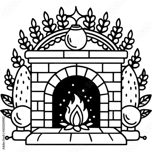 Festive Fireplace Illustration Vintage Holiday Hearth Art