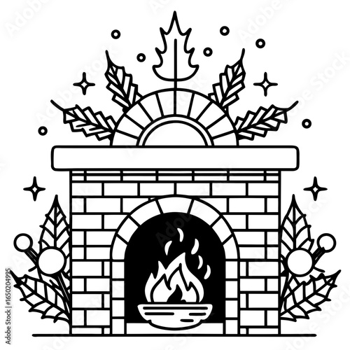 Festive Fireplace Illustration Vintage Holiday Hearth Art