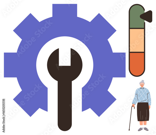 Wrench inside a gear, vertical scale with indicator, elderly woman with cane. Ideal for care, maintenance, elderly services, resource allocation, health support, progress simple flat metaphor