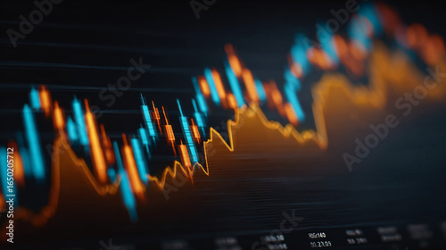 Wallpaper Mural Financial Market's Rhythm: Dynamic lines of financial data surge and ebb, reflecting the pulse of the market on a sophisticated black display, captured with technical finesse. Torontodigital.ca