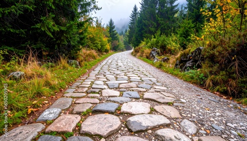 Fototapeta Naklejka Na Ścianę i Meble -  Cobblestone Path Through Autumnal Mountain Forest.