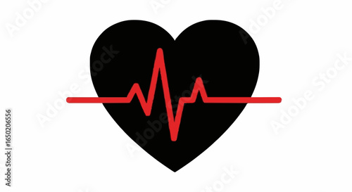 Black heart with a red EKG pulse line representing cardiology and medical health. Vector icon for heartbeat monitoring and vital signs.