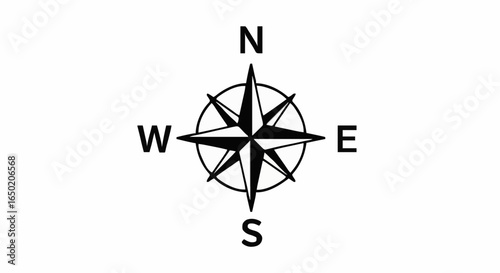 Black and white compass rose indicating cardinal directions - North, East, South, West with intermediate points