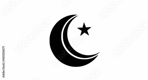 Black crescent moon and star, a prominent Islamic symbol of faith and religion. Simple graphic icon isolated on a white background.