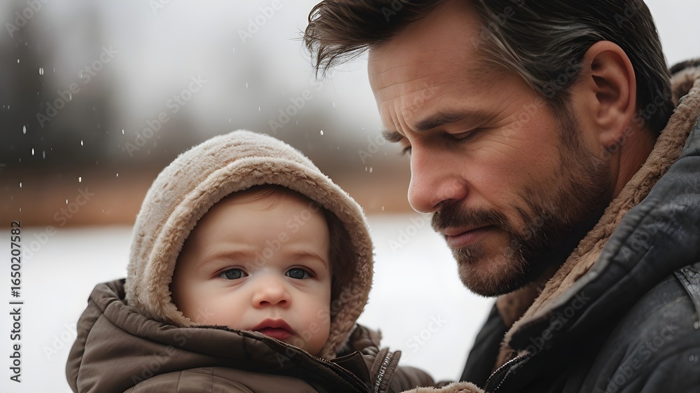 Obraz premium Heartwarming father-child bonding moment in the snow, creating lasting memories of love and family connection during winter's embrace