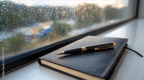 Black leather notebook with a gold pen on the window sill. The book is lying next to the green pencil case, which stands upright and has black accents, Generative AI.