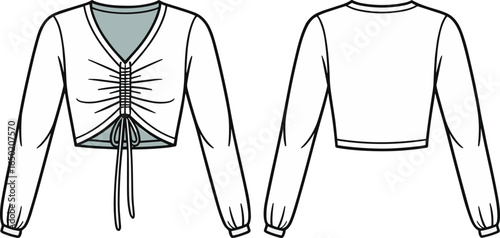 Flat sketch of women’s cropped blouse with drawstring front, long puff sleeves, front and back view, fashion design template, clothing vector, garment technical drawing