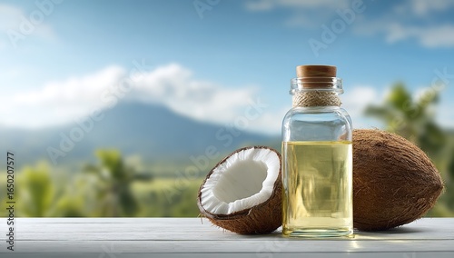 Coconut oil in a glass bottle with a coconut fruit on a white background and blue sky, with an exotic island landscape in the background, Generative AI.