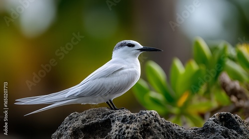 Graceful arabesque Tern bird standing on a rock in the Caribbean, close-up, macro photography, blurred background, Generative AI.
