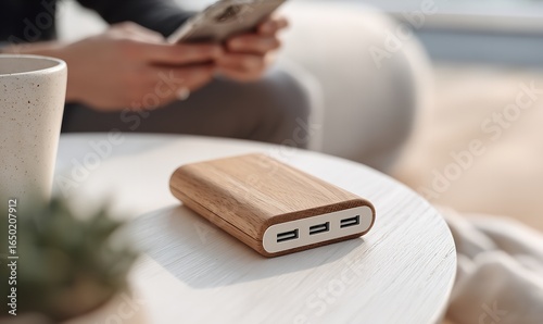 Photograph of a modern wooden power bank with three ports, on a white tabletop in focus, with a blurred young man holding a phone in the background out of focus, Generative AI.