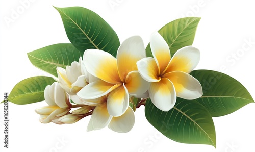 White and yellow frangipani flowers with green leaves, vector illustration on a white background, Generative AI.