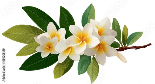 White and yellow frangipani flowers with green leaves, vector illustration on a white background, Generative AI.