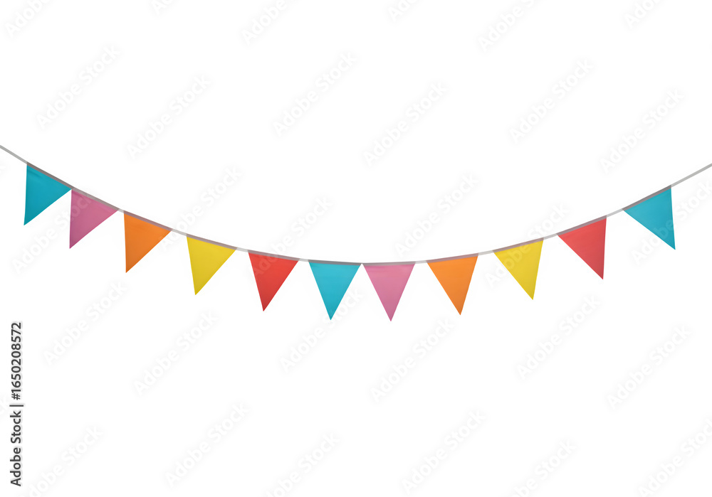 Obraz premium A vibrant string of triangular bunting flags in various colors is displayed against a clean transparent background, PNG format.